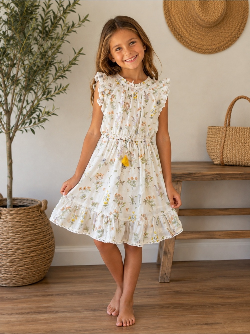 Zimmermann Girls Size 8 Floral Dress White Ruffle Pom Pom Tassel Boho